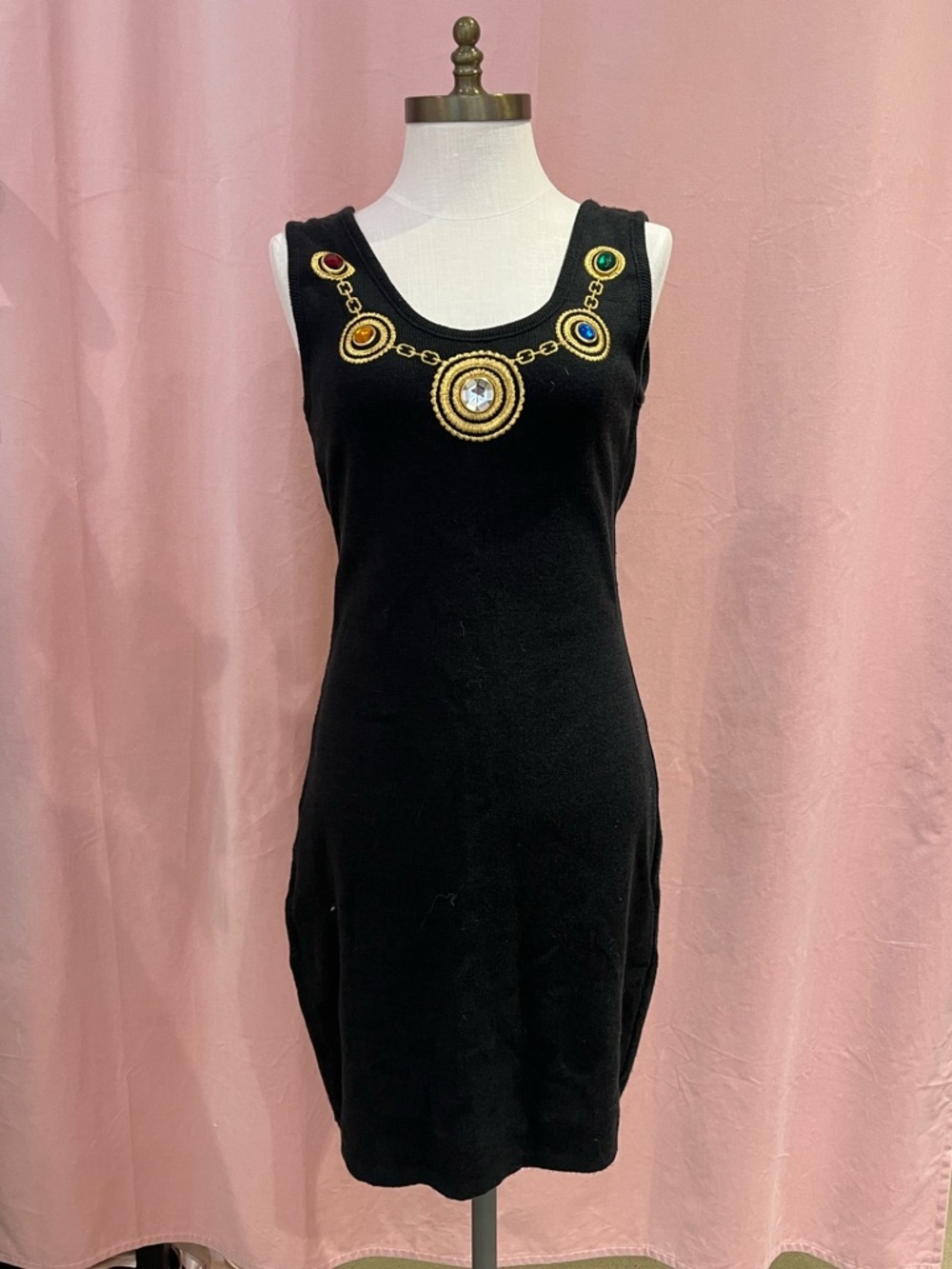 Vintage 90's Black Knit Mini Dress Size S Embroidered Gold Gem Necklace